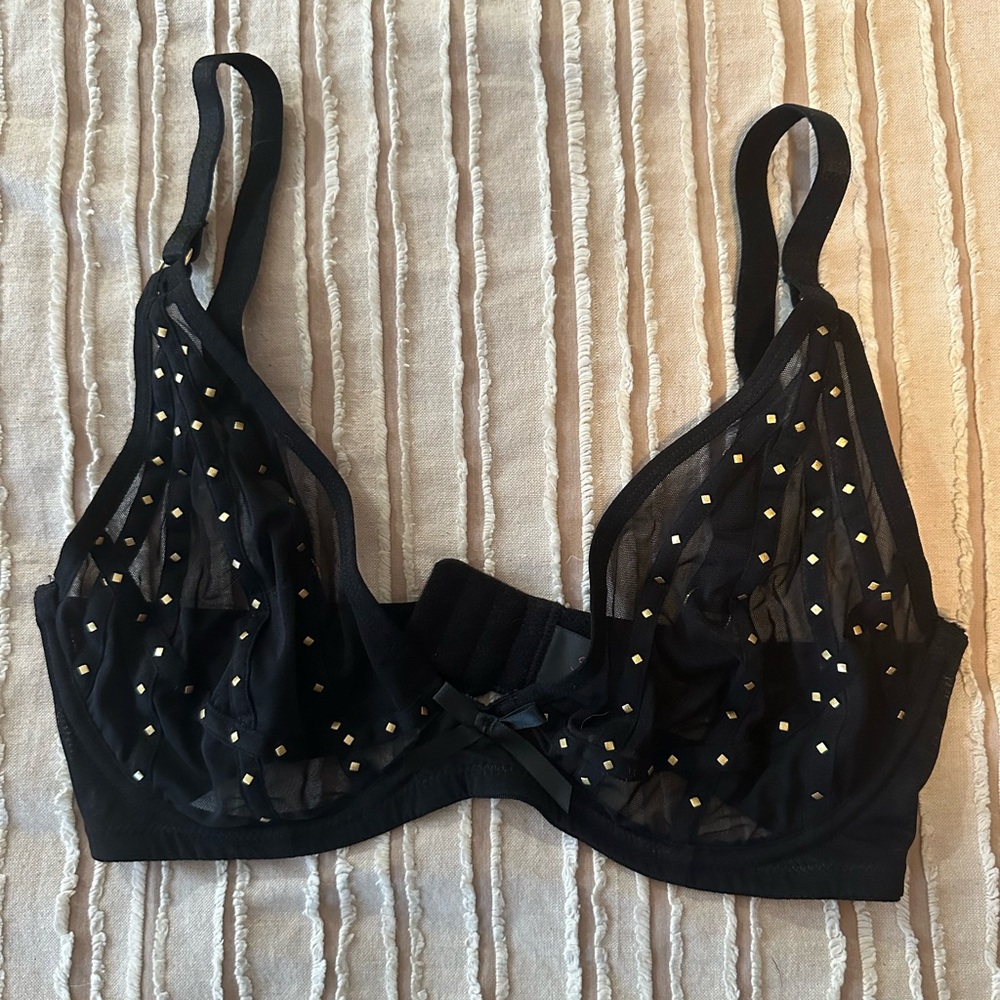 Chic Black Mesh Bra with Gold Details